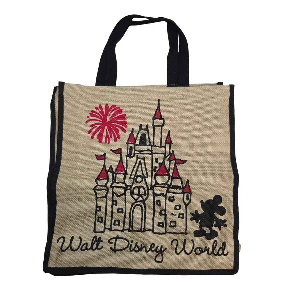 Walt Disney World Mickey Mouse Cinderella Castle Woven‎ Jute Tote Bag Tan